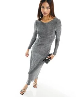 Pimkie Open Back Maxi Dress In Black Shimmer For Women Silver Lurex