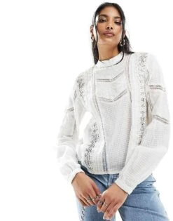 Pimkie High Neck Lace Insert Blouse In Ecru For Women -Cheap Fashnado Store 205783374 1 ecru 1