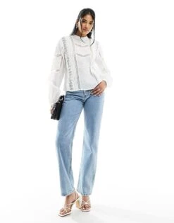 Pimkie High Neck Lace Insert Blouse In Ecru For Women -Cheap Fashnado Store 205783374 4