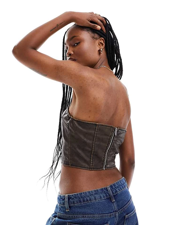 Pimkie Distressed Leather Look Bandeau Top In Brown For Women Used Brown 4 Pimkie Distressed Leather Look Bandeau Top In Brown For Women Used Brown - Image 2