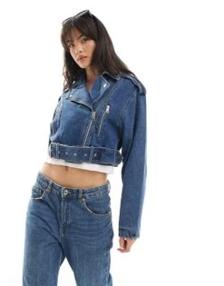 Pimkie Cropped Denim Biker Jacket In Blue For Women Stone