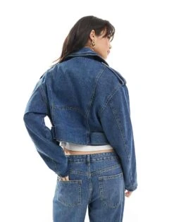 Pimkie Cropped Denim Biker Jacket In Blue For Women Stone -Cheap Fashnado Store 206306612 3