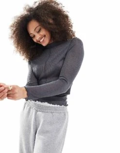 Pimkie Seam Detail High Neck Lettuce Edge Top In Charcoal For Women