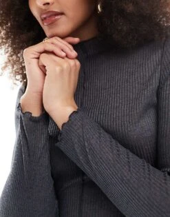 Pimkie Seam Detail High Neck Lettuce Edge Top In Charcoal For Women -Cheap Fashnado Store 206315721 3