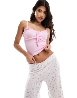 Boux Avenue Rib Lettuce Vest And Cherry Printed Pyjama Set In Pink For Women