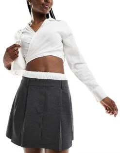 Pimkie Boxer Waistband Pleated Mini Skirt In Grey For Women Concrete
