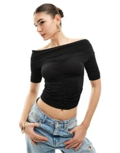 Pimkie Slinky Ruched Off Shoulder Top In Black For Women