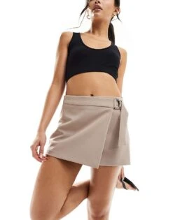 Pimkie Wrap Front Buckle Detail Skort In Beige For Women