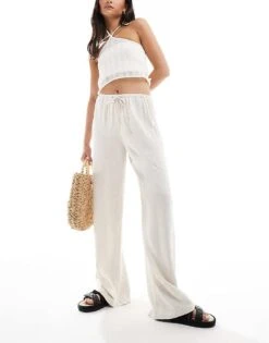 Pimkie Linen Mix Drawstring Waist Wide Leg Trousers In Stone For Women -Cheap Fashnado Store 206669630 1 stone 1