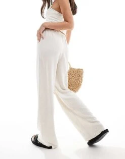 Pimkie Linen Mix Drawstring Waist Wide Leg Trousers In Stone For Women -Cheap Fashnado Store 206669630 3