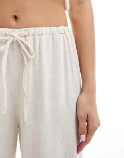 Pimkie Linen Mix Drawstring Waist Wide Leg Trousers In Stone For Women -Cheap Fashnado Store 206669630 4