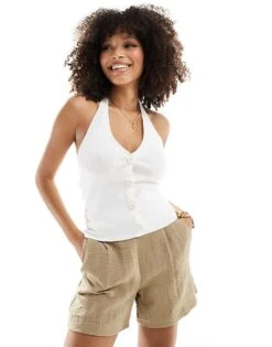 Pimkie Knitted Halterneck Button Through Top In White For Women -Cheap Fashnado Store 206669665 1 white 1