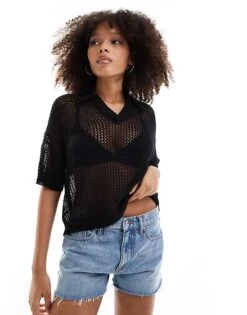 Pimkie Crochet Collar Detail Cropped Top In Black For Women