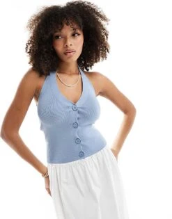 Pimkie Knitted Halterneck Button Through Top In Blue For Women Pale Blue -Cheap Fashnado Store 206675635 1 paleblue 1