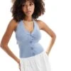 Pimkie Knitted Halterneck Button Through Top In Blue For Women Pale Blue