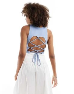 Pimkie Slinky Racerneck Open Tie Back Top In Blue For Women 9 Pimkie Slinky Racerneck Open Tie Back Top In Blue For Women -Cheap Fashnado Store 206675650 3