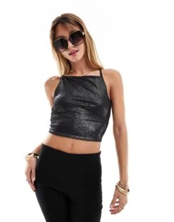Pimkie Metallic Square Neck Open Tie Back Crop Top In Black For Women