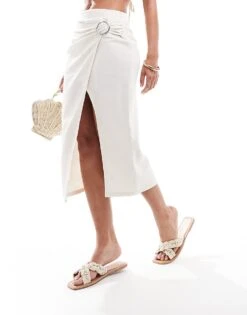 Pimkie Linen Mix Buckle Detail Side Split Midi Skirt In Ecru For Women -Cheap Fashnado Store 206675699 1 ecru 1