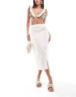 Pimkie Linen Mix Buckle Detail Side Split Midi Skirt In Ecru For Women -Cheap Fashnado Store 206675699 5
