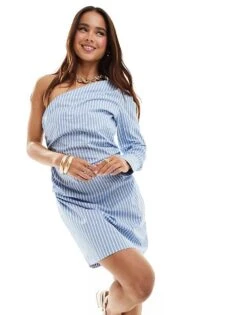 Pimkie One Shoulder Poplin Mini Dress In Blue And White Stripe For Women Stripes -Cheap Fashnado Store 206675761 1 stripes 1