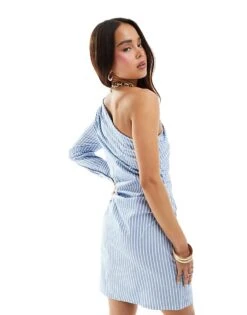 Pimkie One Shoulder Poplin Mini Dress In Blue And White Stripe For Women Stripes -Cheap Fashnado Store 206675761 3