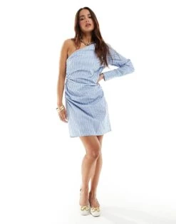 Pimkie One Shoulder Poplin Mini Dress In Blue And White Stripe For Women Stripes -Cheap Fashnado Store 206675761 4