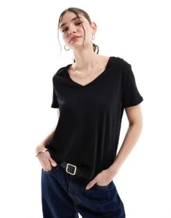 Pimkie Basic Cotton V Neck T-shirt In Black For Women