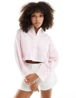 Pimkie Contrast Collar Cropped Shirt In Light Pink For Women -Cheap Fashnado Store 206676078 1 lightpink 1