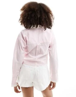 Pimkie Contrast Collar Cropped Shirt In Light Pink For Women -Cheap Fashnado Store 206676078 3