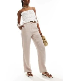 Pimkie Textured Wide Leg Trousers In Beige For Women