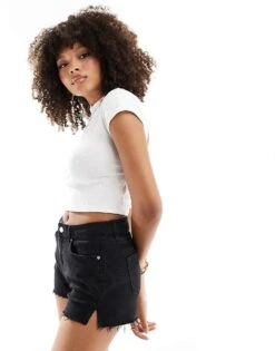 Pimkie Ribbed Low Back Tie Detail Short Sleeve Top In White For Women