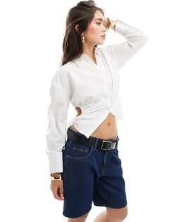 Pimkie Ruched Cut Out Tie Detail Shirt In White For Women 9 Pimkie Ruched Cut Out Tie Detail Shirt In White For Women -Cheap Fashnado Store 206676563 3