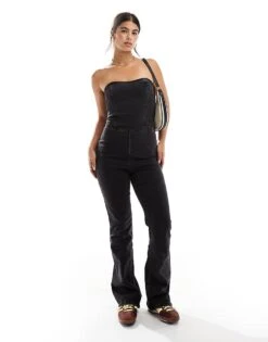 Pimkie Denim Bandeau Flared Jumpsuit In Black For Women