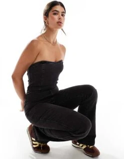 Pimkie Denim Bandeau Flared Jumpsuit In Black For Women -Cheap Fashnado Store 206676801 3