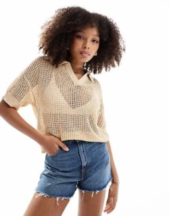 Pimkie Crochet Collar Detail Cropped Top In Camel For Women -Cheap Fashnado Store 206676909 1 camel 1