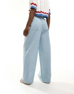 Pimkie Drawstring Paperbag Waist Wide Leg Trousers In Baby Blue For Women -Cheap Fashnado Store 206676971 3