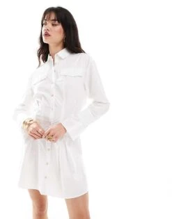 Pimkie Pocket Detail Flared Sleeve Cinched Waist Mini Shirt Dress In White For Women
