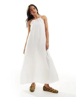Pimkie Textured Linen Look High Neck Maxi Dress In White For Women