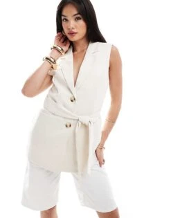Pimkie Linen Blend Sleeveless Longline Belted Blazer In Ecru For Women 11 Pimkie Linen Blend Sleeveless Longline Belted Blazer In Ecru For Women -Cheap Fashnado Store 206774387 1 ecru 1