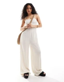 Pimkie Linen Blend Cami Strap Wide Leg Jumpsuit In Beige For Women