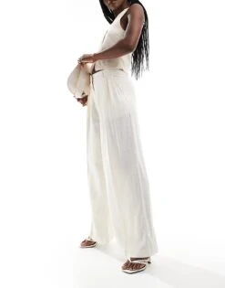 Pimkie Linen Blend Tailored Straight Leg Trousers In Ecru For Women