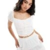 Pimkie Lace Up Puff Sleeve Top With Broderie Trim In White For Women -Cheap Fashnado Store 206774443 1 white