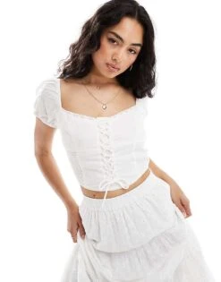 Pimkie Lace Up Puff Sleeve Top With Broderie Trim In White For Women