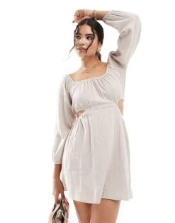 Pimkie Bardot Volume Sleeve Cut Out Mini Skater Dress In Ecru For Women -Cheap Fashnado Store 206774448 1 ecru 1