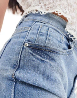 Pimkie Hot Fix Diamante Denim Shorts In Blue Wash For Women -Cheap Fashnado Store 206774485 3