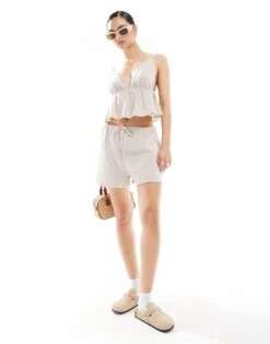 Pimkie Strappy Linen Look V Neck Peplum Top And Shorts Co-ord In Beige -Cheap Fashnado Store 206774509 1 beige