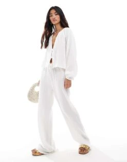 Pimkie Drawstring Linen Mix Trouser Co-ord In White For Women