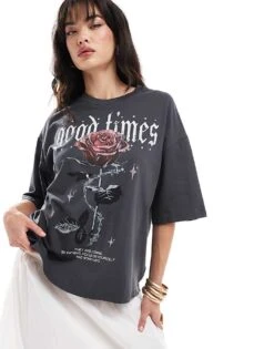 Pimkie Rose Graphic Front Print T-shirt In Black For Women -Cheap Fashnado Store 206776016 1 black 1