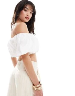 Pimkie Ruched Bardot Crop Top In White For Women -Cheap Fashnado Store 206776057 3