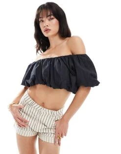 Pimkie Ruched Bardot Crop Top In Black For Women -Cheap Fashnado Store 206776062 1 black 1